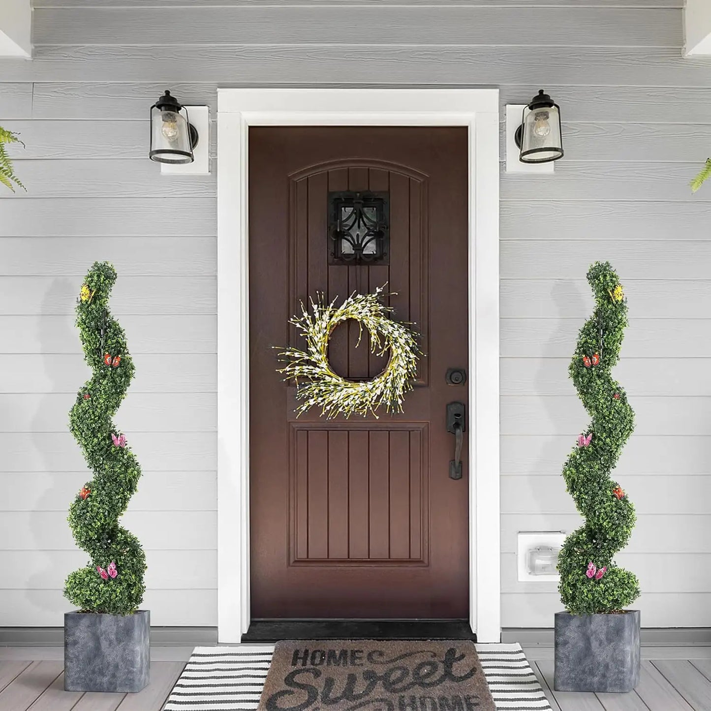 Evergreen Art Spiral Topiary Trees 2 Pack OpenAirPatio WeatherResistant BoxwoodFoliage