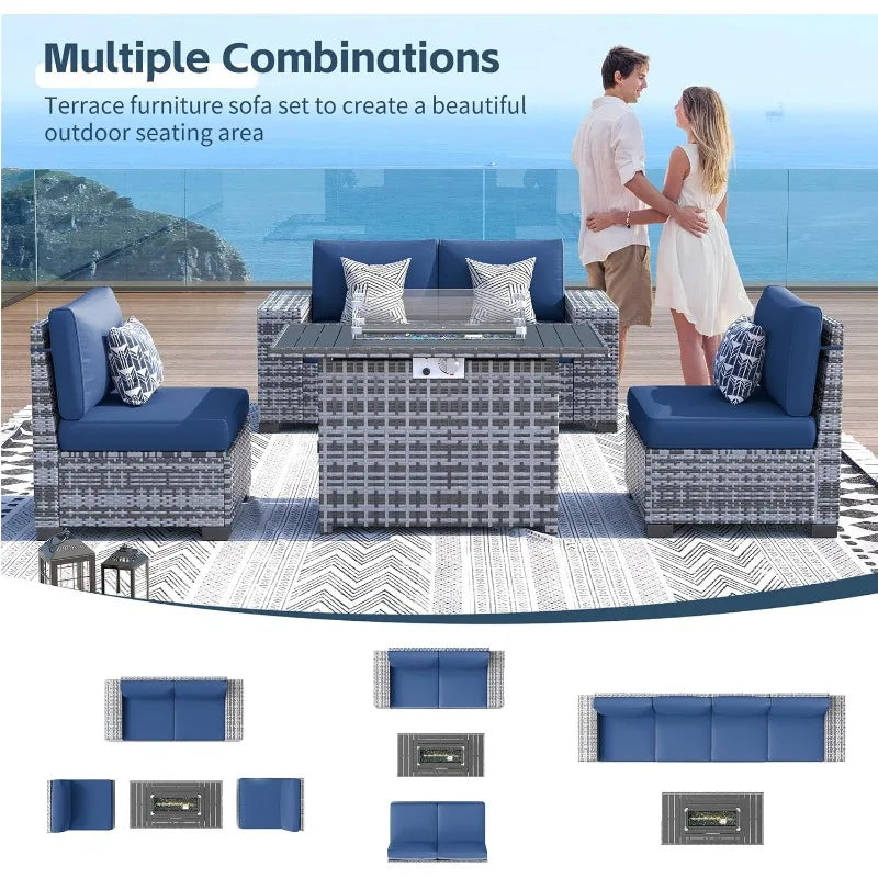 Patio Furnishings Featuring Firepit Table Rattan Exterior Weatherproof Sectional Set