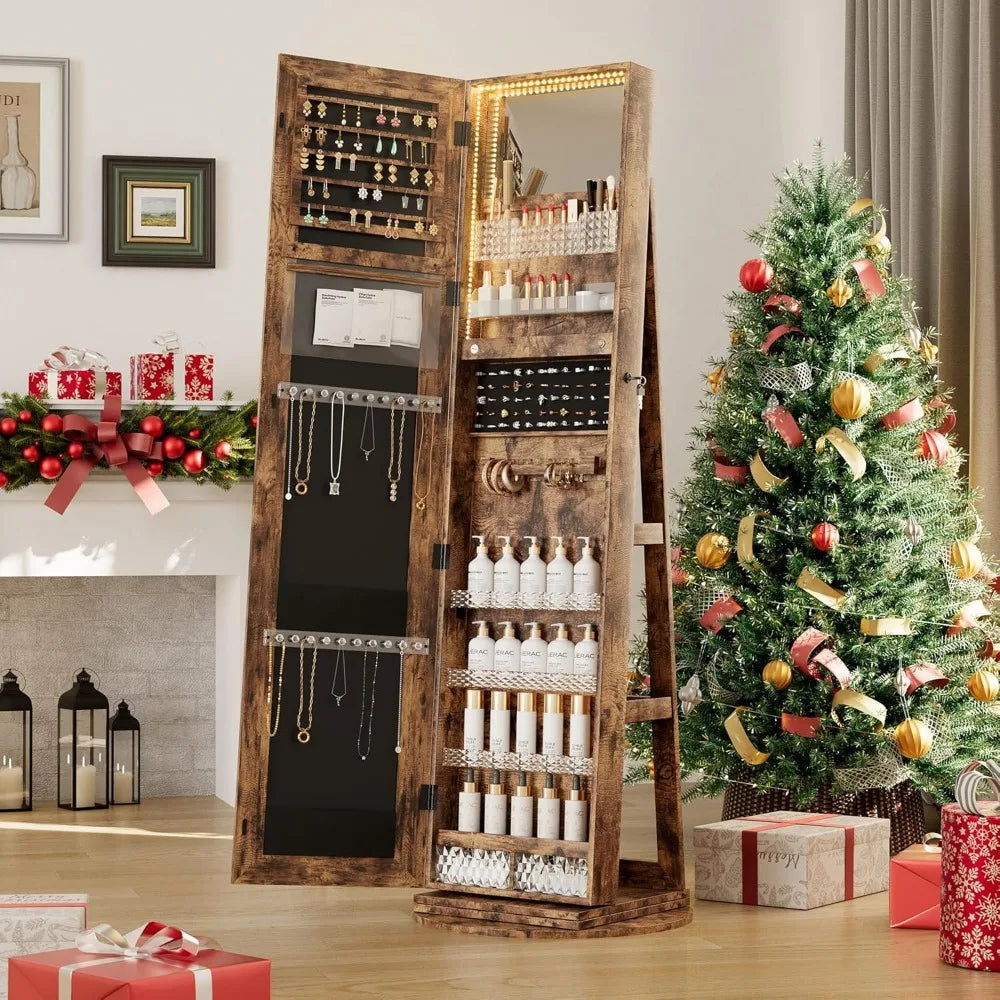 MKDK Mirror Jewelry Cabinet Armoire With LED Lighting 360 Degree Swivel Lockable