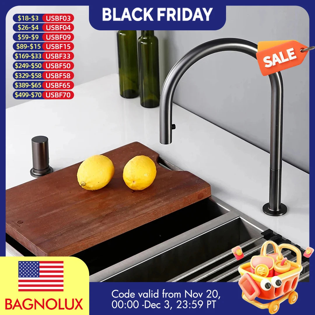 Pull Down Kitchen Sink Faucet Brushed Gunmetal Black Single Handle Double Hole Hot And Cold Sprayer Brass Countertop Mounted