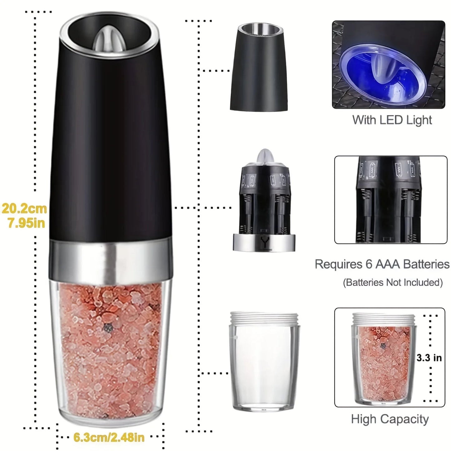 2-piece Automatic Seasoning Grinder, Adjustable Thickness，Battery powered, used for grinding spices such as pepper and sea salt