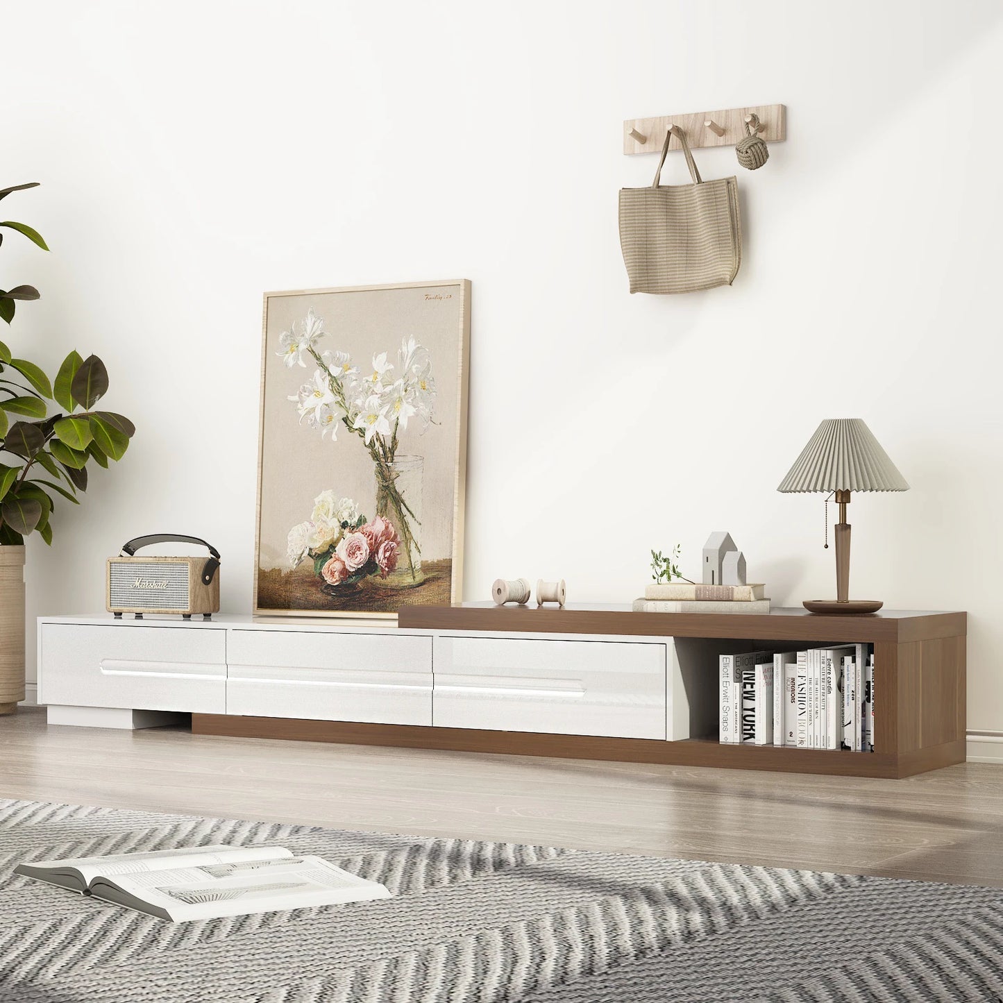 QiaoShiRen Extendable TV Stand Reversible Wood Media Console OpenStorageShelf Drawers