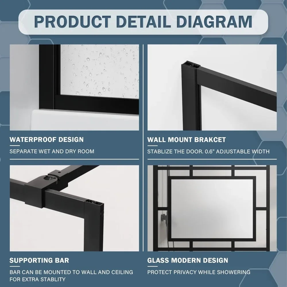 Customizable 34” X 72” Glass Shower Door Fixed Framed Shower Screen Tempered Glass Panel For Walk-in Shower Room, Grid Pattern,