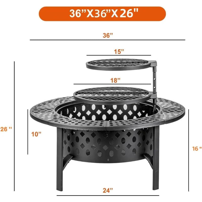 Outdoor Wood Burning Fire Pit With Two Grills Lid Poker And Waterproof Cover Included
