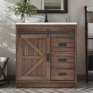 Ticify Farmhouse Sliding Barn Door Bathroom Vanity With Sink Drawers