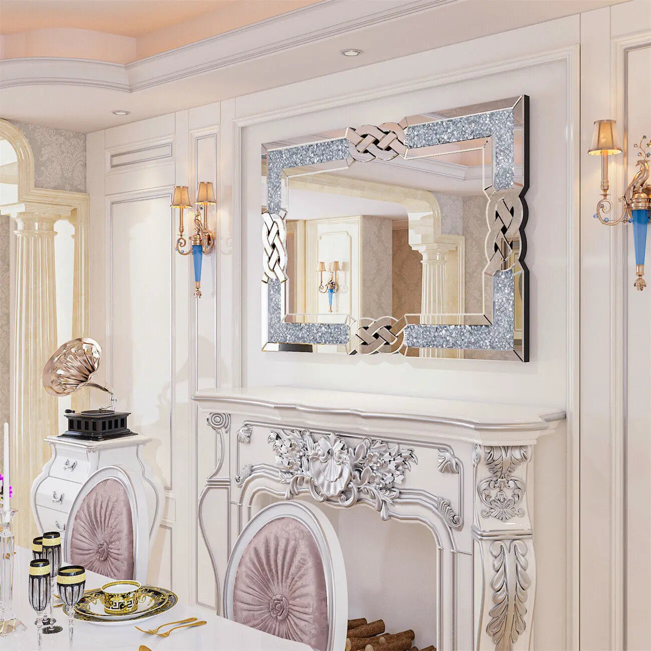 LUVODI Wall Decorative Mirror Silver Crystal Crush Glass Mirror for Living Room/Bed/Dining Room/Bath Room Decor