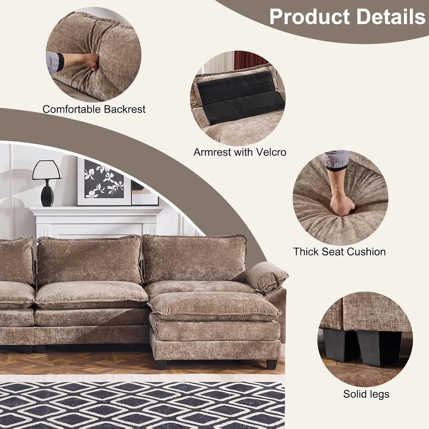 Modern L-Shape Chenille Upholstered 3-Seat Sectional Sofa With Ottoman LivingRoom