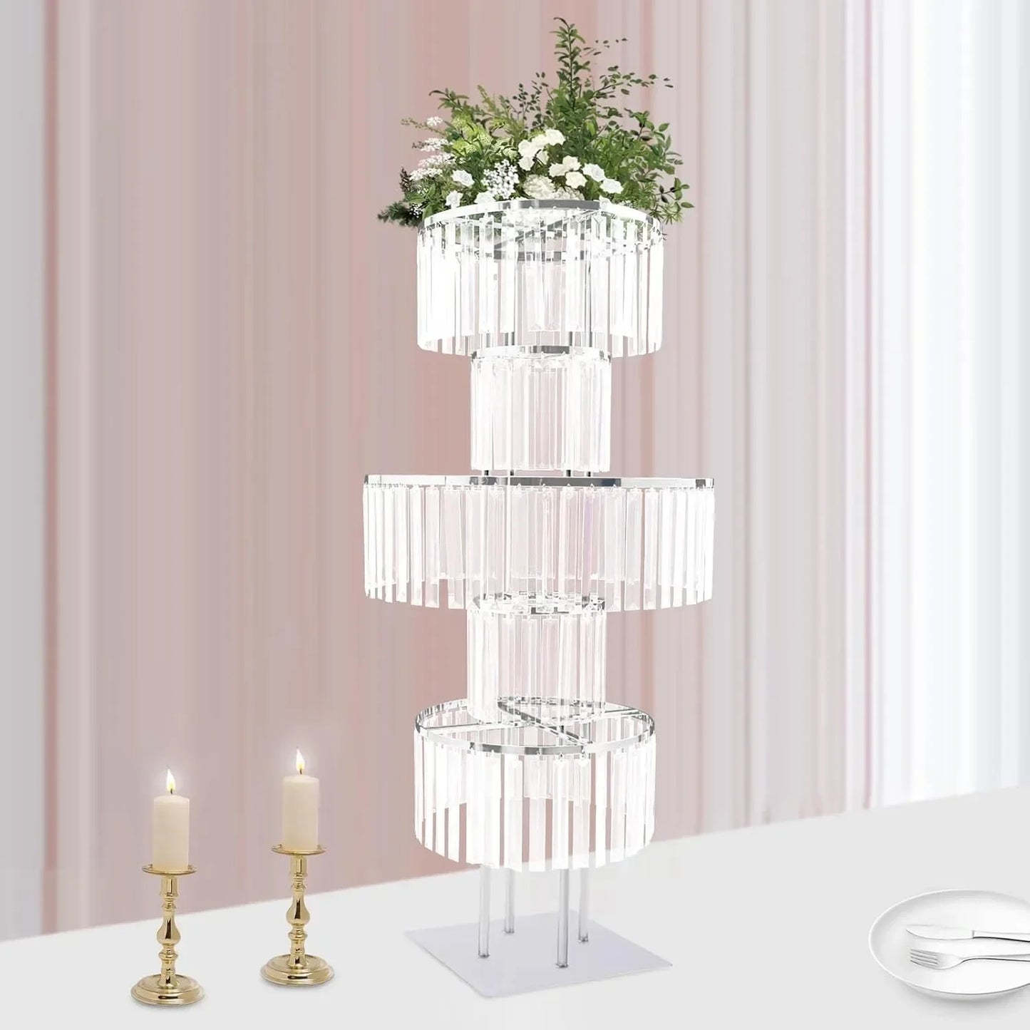 High-concerned 5-Tier Crystal Flower Stand Round Chandelier Pedestal