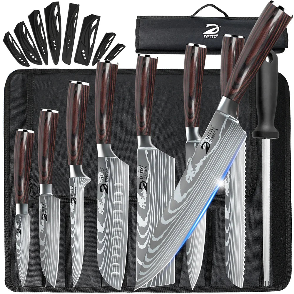 MDHAND Damascus Stainless Steel Kitchen Knife Set Chef Santoku Utility Boning With Nylon Bag