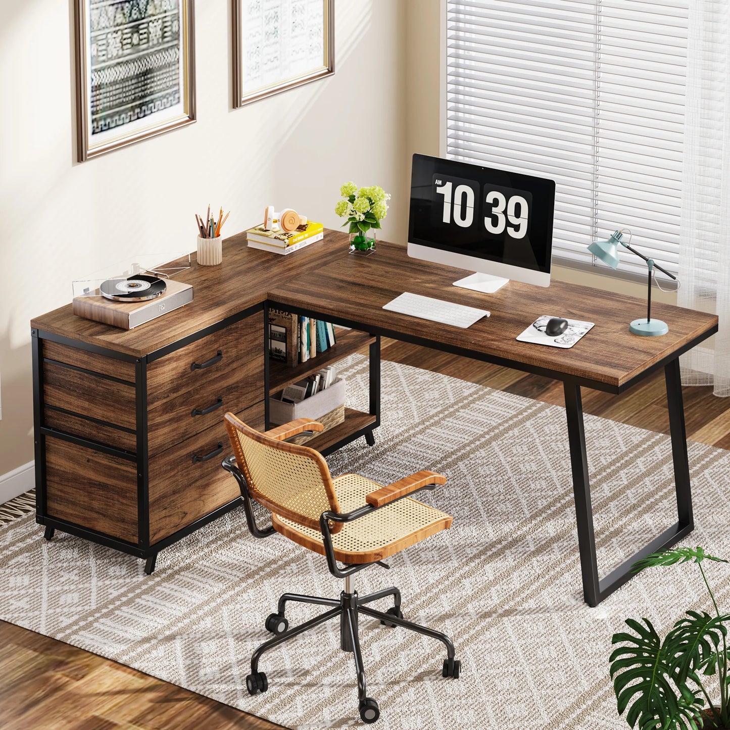 Tribesigns L-Shaped Computer Desk With 3 Drawers And Shelves