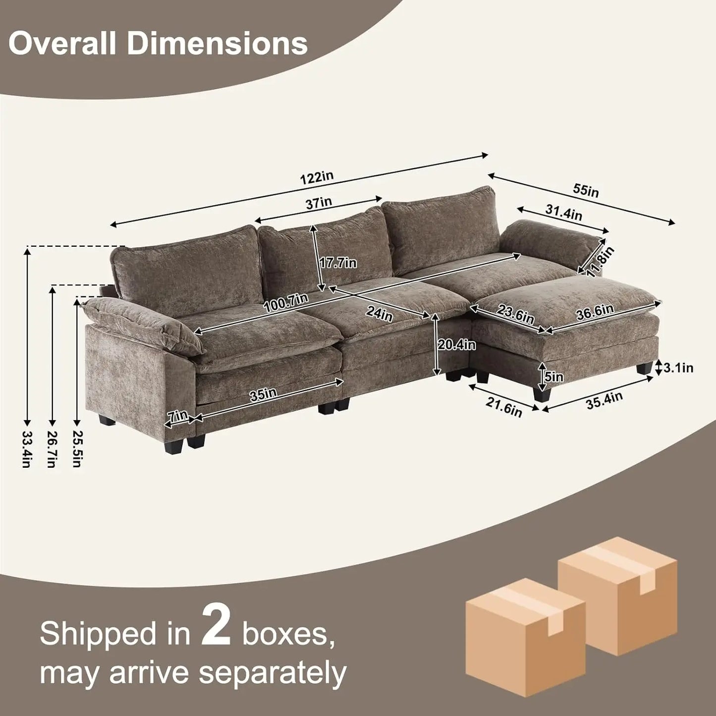 Modern L-Shape Chenille Upholstered 3-Seat Sectional Sofa With Ottoman LivingRoom