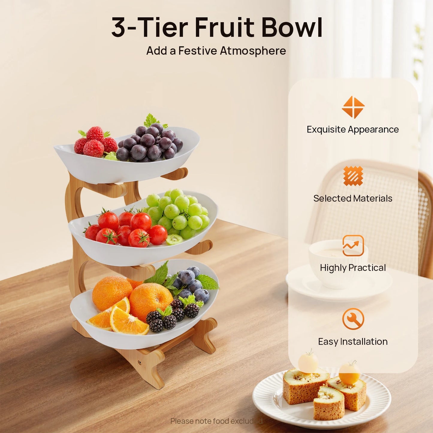3-Tier Fruit Plate,Snack Dessert Cake Tray Plate Rack for Party Wedding,Fruit Bowl W/ Bamboo Wood Stand,Candy Dish Cake Stand