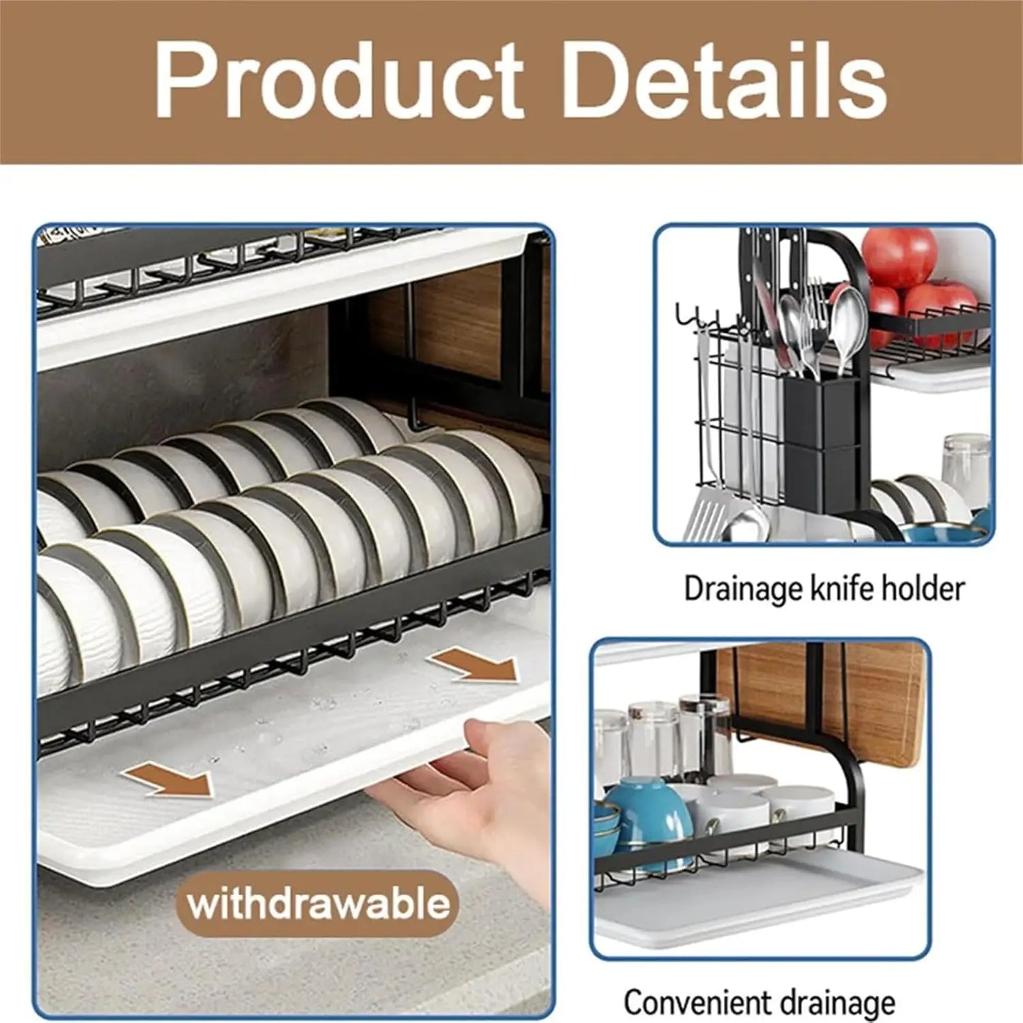 Hign-concerned Three-Tier Dish Rack Countertop Kitchen Utensil Holder Large Capacity