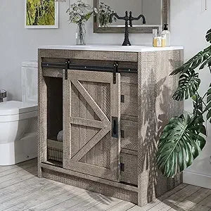 Ticify Farmhouse Sliding Barn Door Bathroom Vanity With Sink Drawers