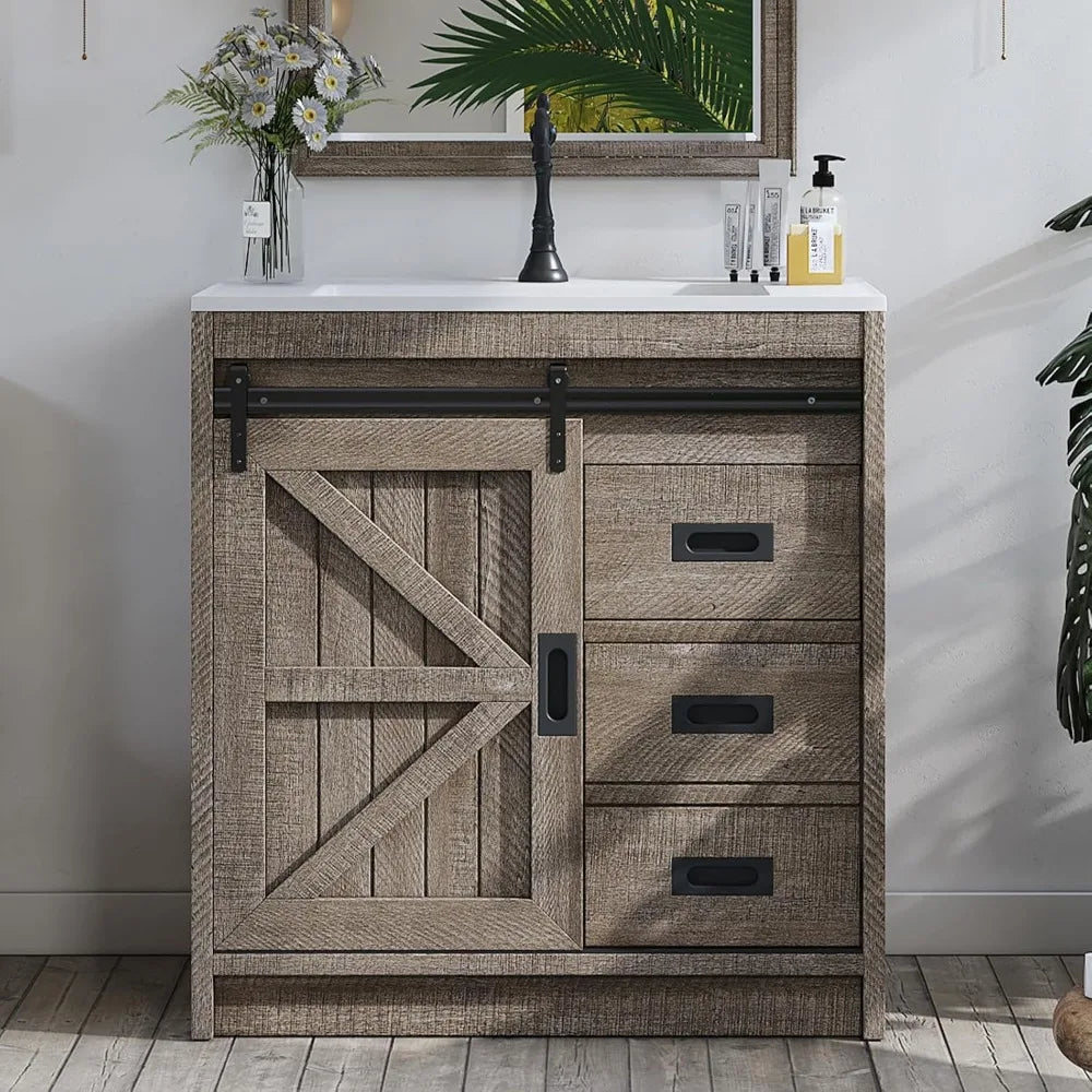Ticify Farmhouse Sliding Barn Door Bathroom Vanity With Sink Drawers