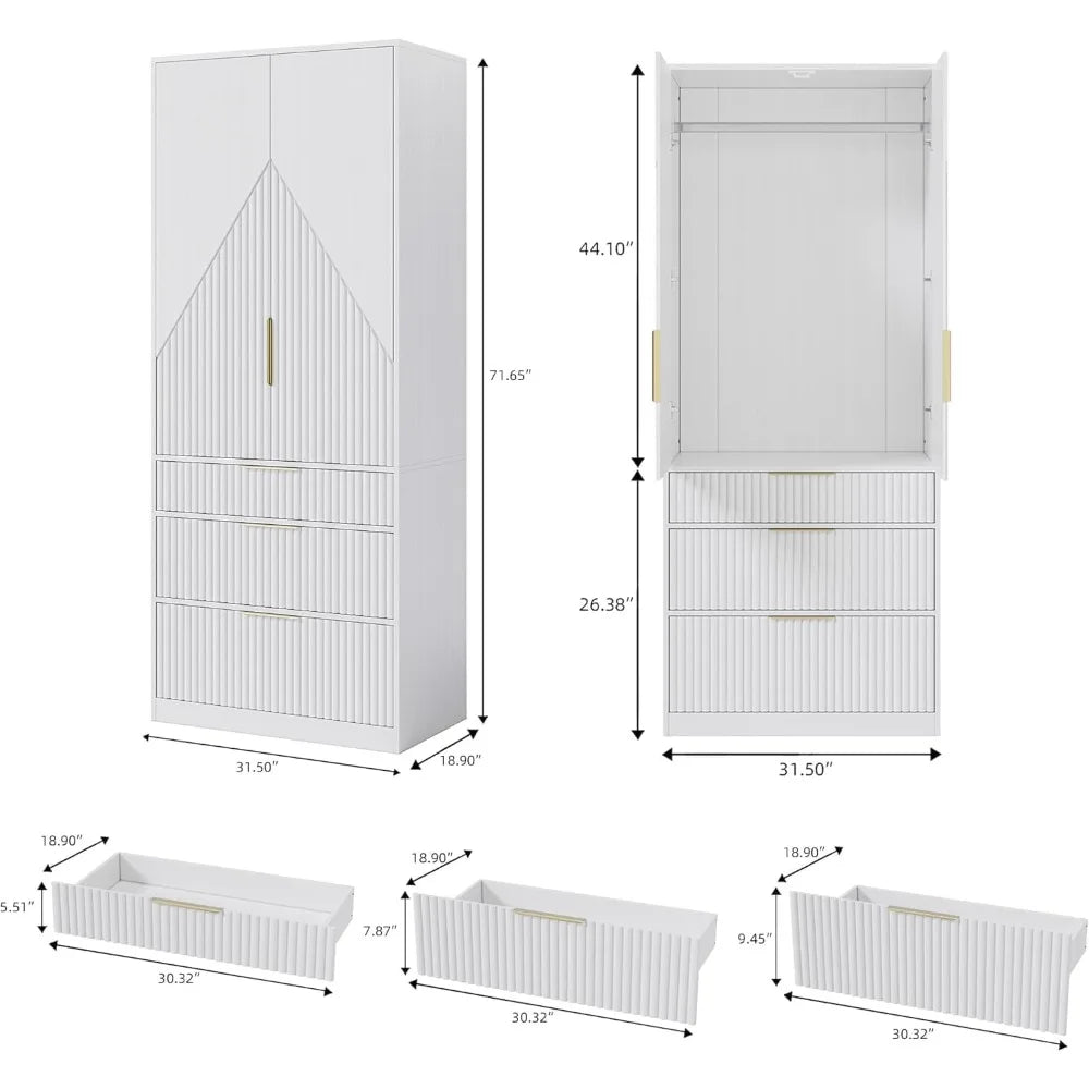 Wooden Wardrobe Armoire With Double Doors, 3 Drawers, Hanging Rod And Shelf For Bedroom Storage