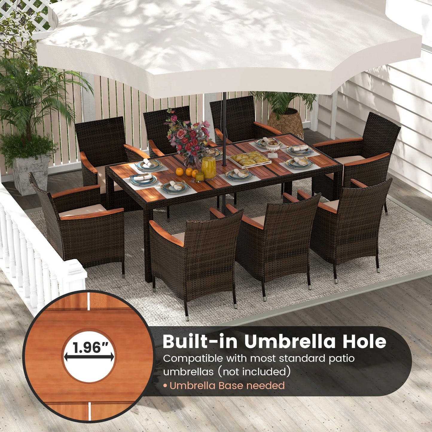 Homasis 9 Piece Patio Wicker Dining Set With Acacia Wood Table Umbrella Hole Cushions Chairs