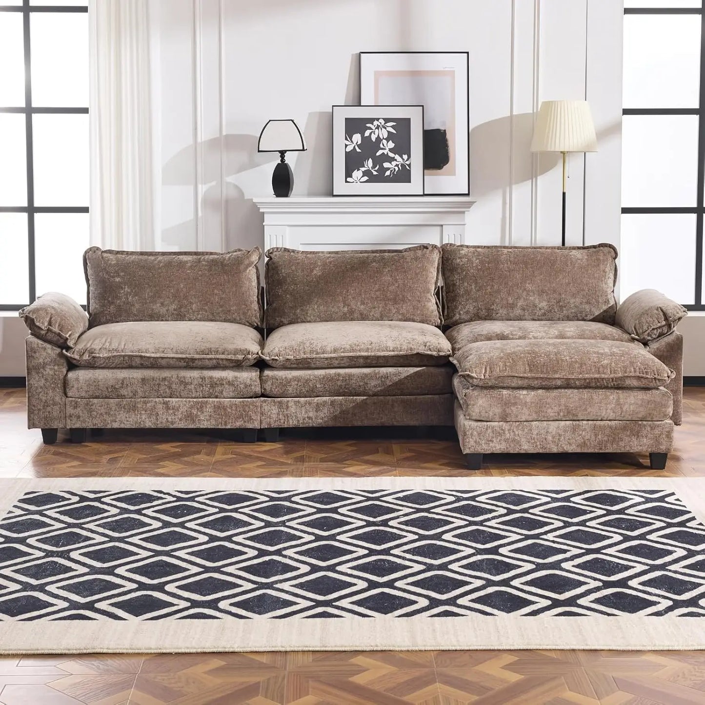 Modern L-Shape Chenille Upholstered 3-Seat Sectional Sofa With Ottoman LivingRoom