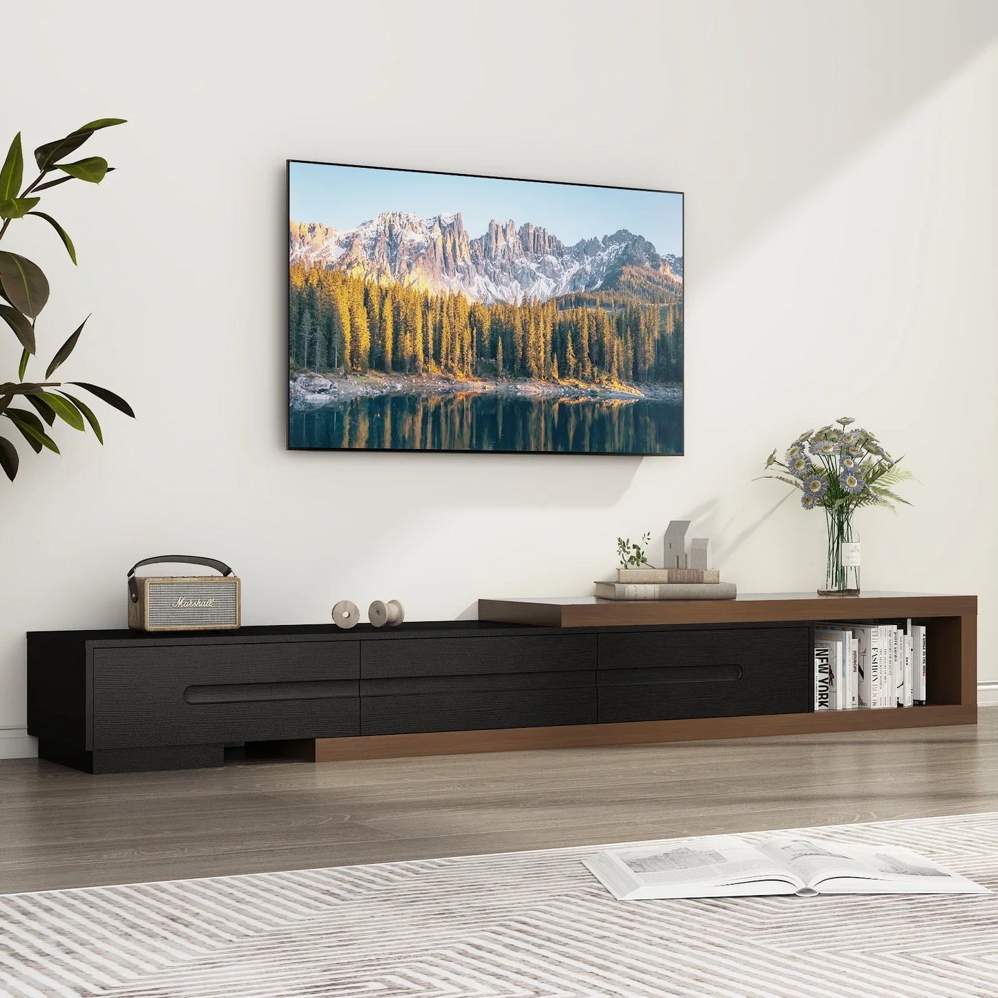 QiaoShiRen Extendable TV Stand Reversible Wood Media Console OpenStorageShelf Drawers