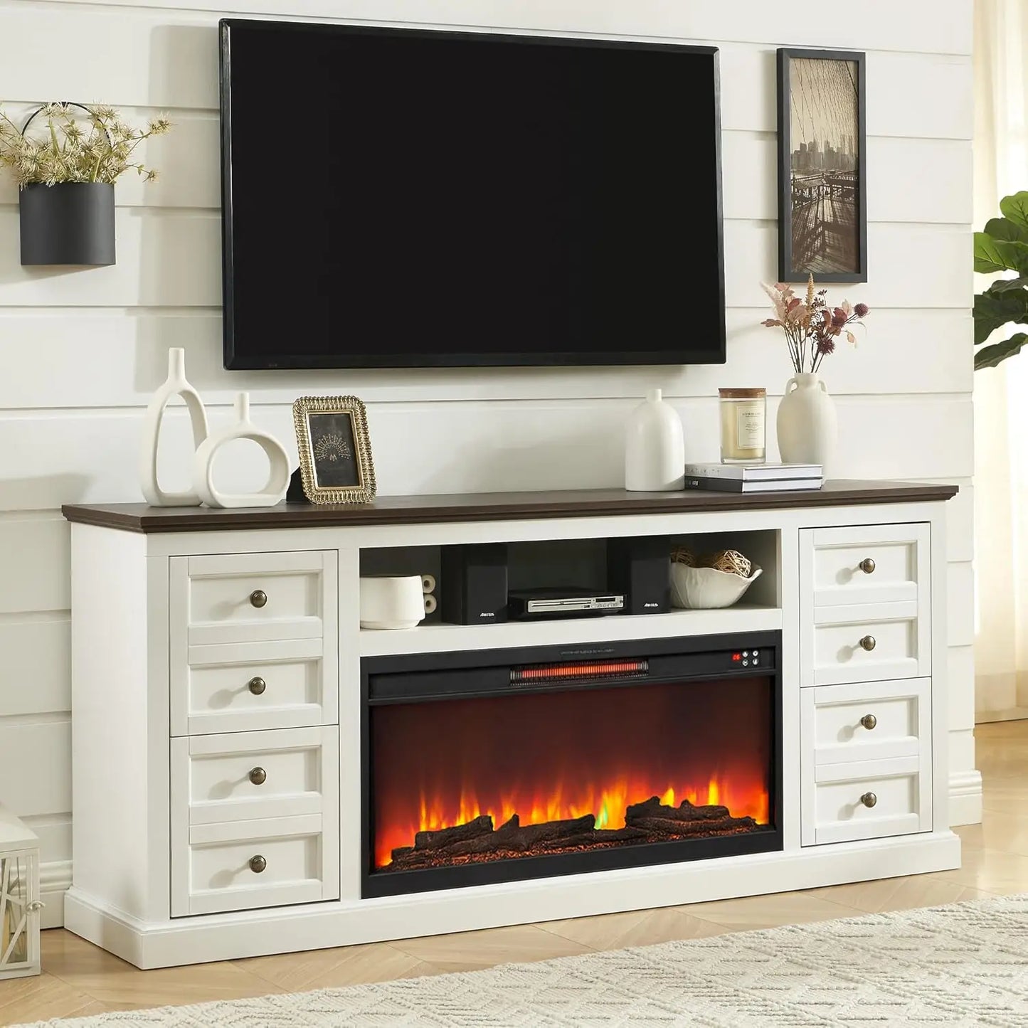 ZHUXIANG Fireplace TV Stand With Electric Fireplace And Drawer Storage Modern Media Console