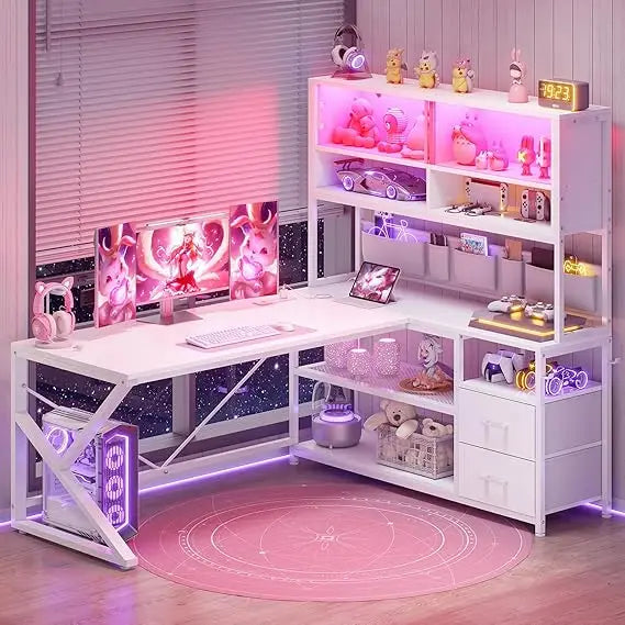 DAFIFY L Shaped Computer Desk with Drawers, Bookshelf, LED Light, Glass Cabinet for Home Office Gaming