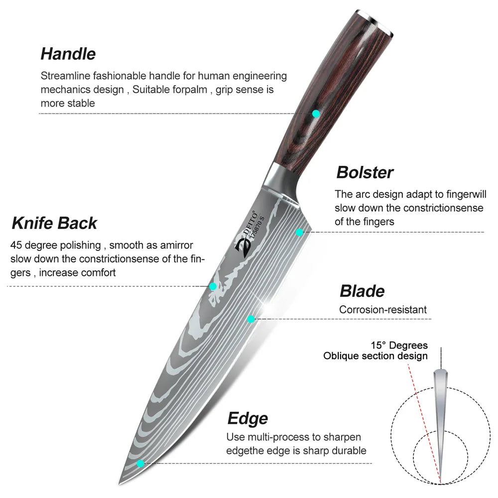 MDHAND Damascus Stainless Steel Kitchen Knife Set Chef Santoku Utility Boning With Nylon Bag