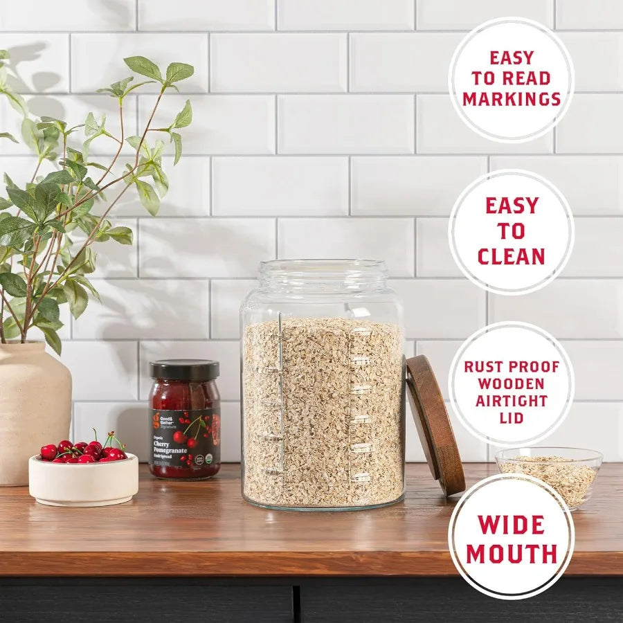 1 Gallon Glass Mason Jar with Airtight Wooden Lid, Wide Mouth Large Food Storage Container with Measurement Markings For Kitchen