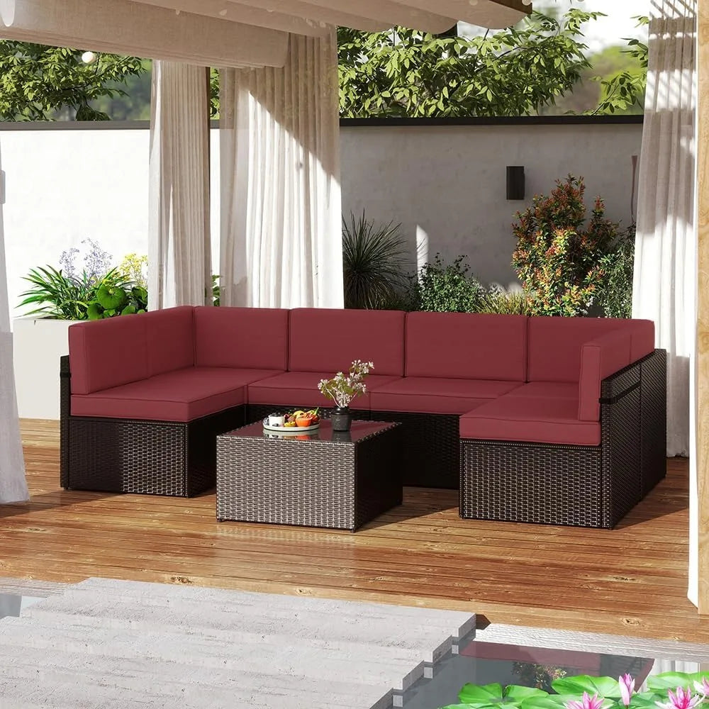 ZHUOTING 7Piece OutdoorPatio Furniture PE Wicker Rattan Sectional Conversation Set