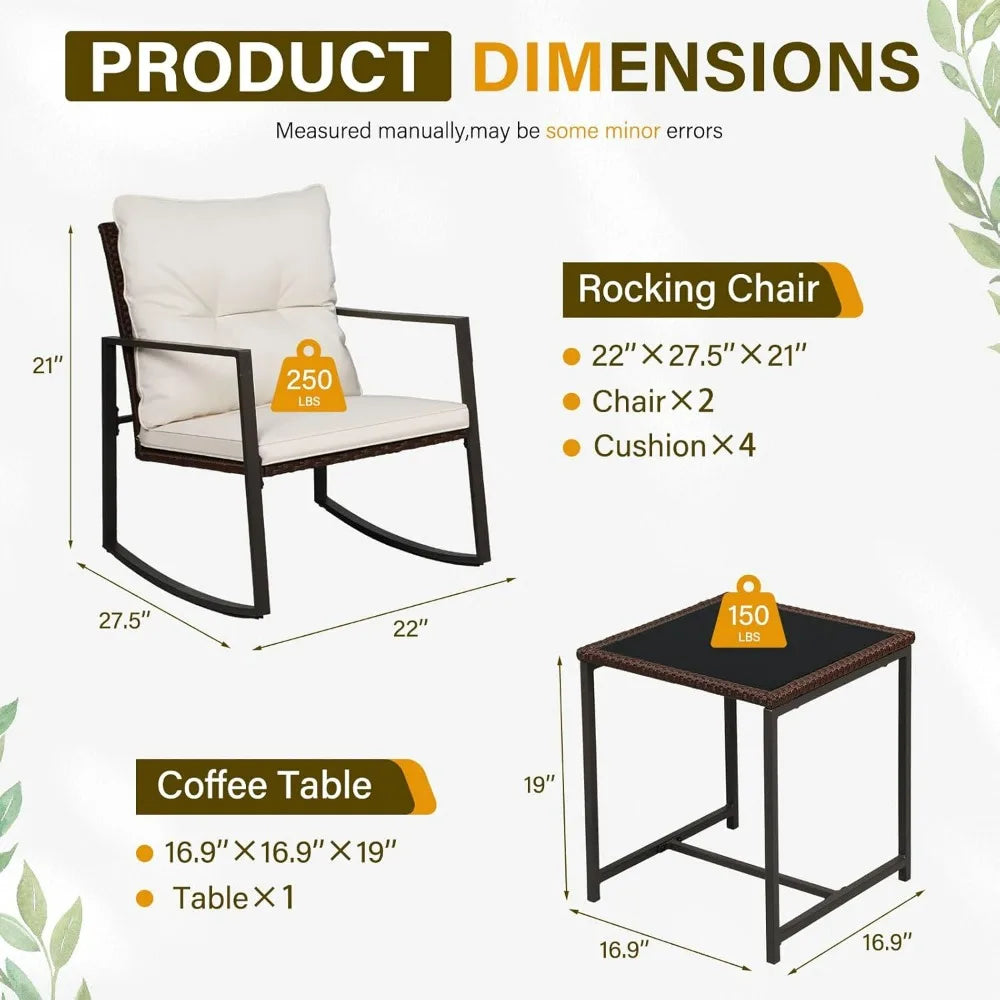 Three Piece Patio Bistro Set With Glass Coffee Table And Rocking Chairs For Outdoor Porch