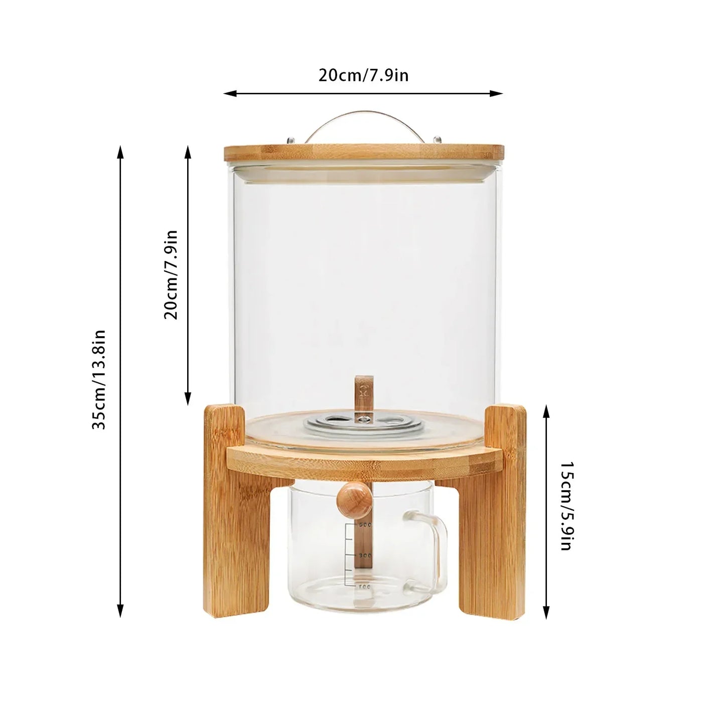 Rice Dispenser 5L Glass Food Storge Container for Kitchen Pantry Store, with Airtight Lid, Measuring Cup and Wooden Stand