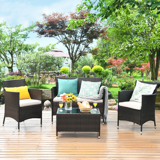 HOMASIS 4 Piece Rattan Patio Furniture Set Cushioned Sofa Chair Coffee Table Garden