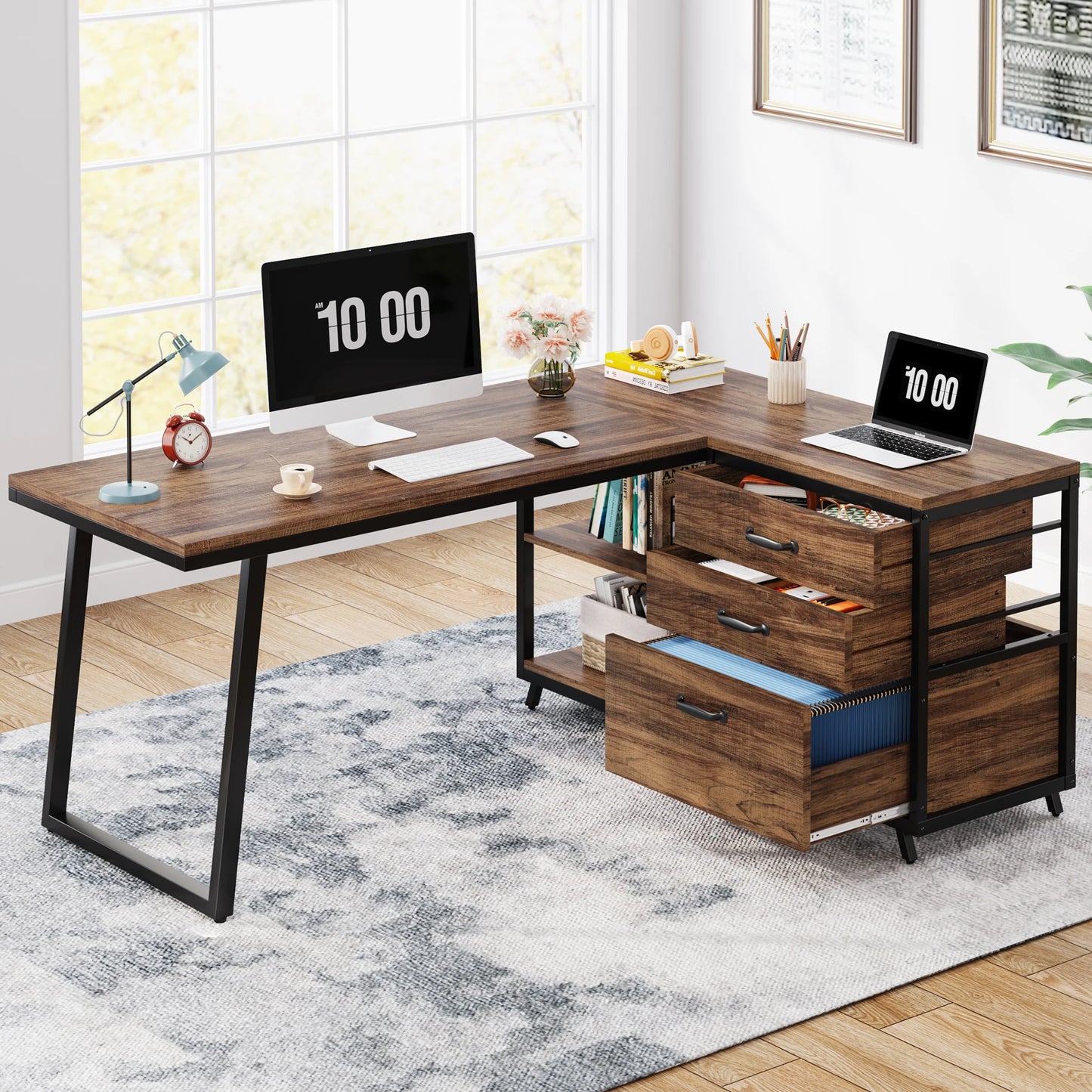 Tribesigns L-Shaped Computer Desk With 3 Drawers And Shelves