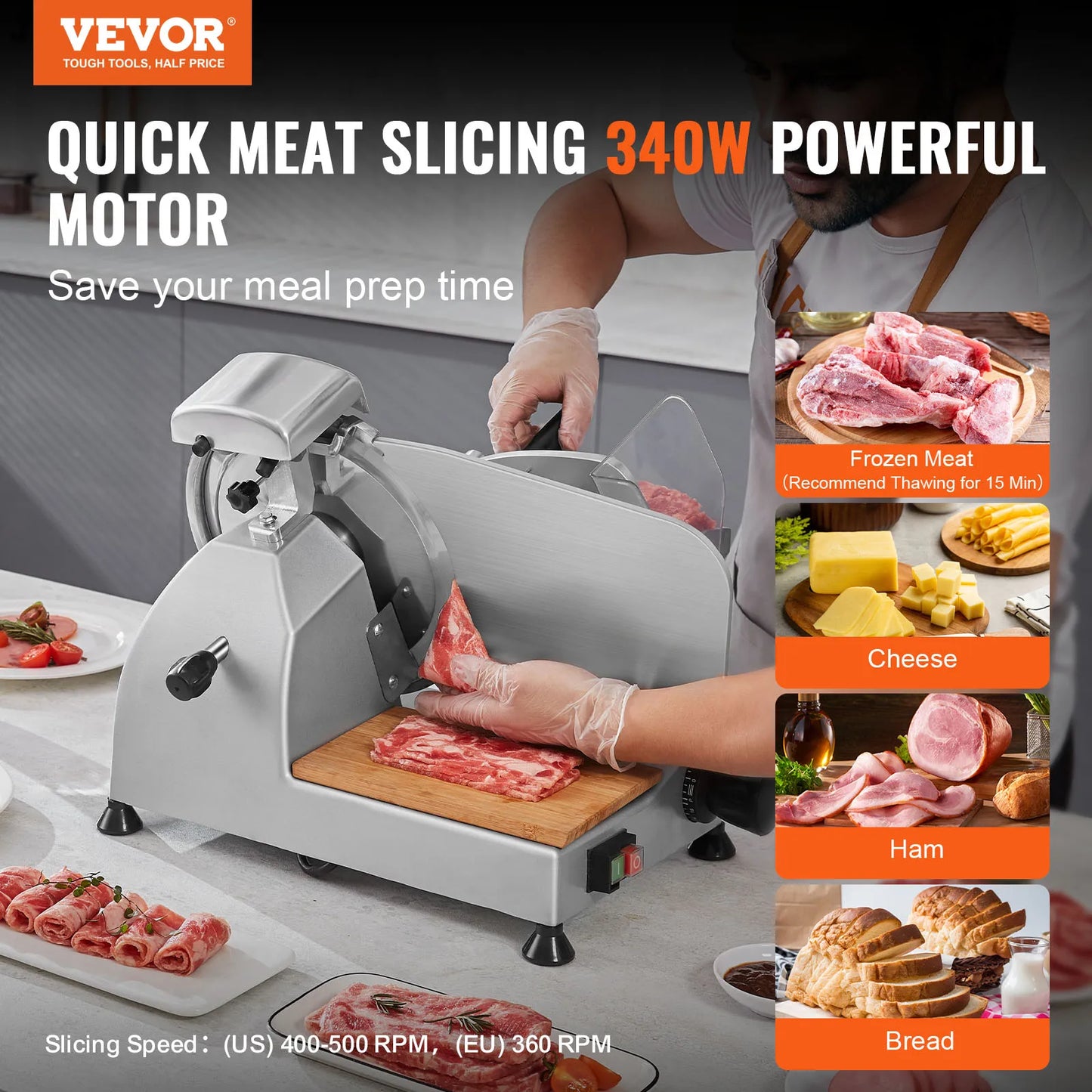 VEVOR 340W Meat Slicer Electric Deli Slicer SUS420 Stainless Steel With Built-In Sharpening Stone