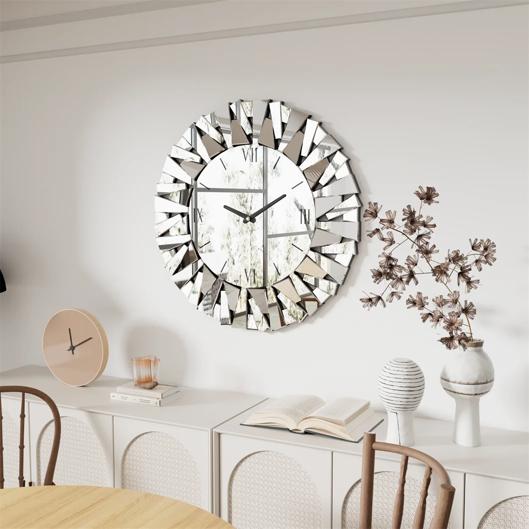 Combination 3D Mirrored Sunburst Wall Clock With Roman Numerals PremiumQualityCrafted