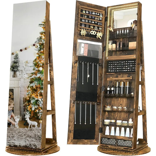 MKDK Mirror Jewelry Cabinet Armoire With LED Lighting 360 Degree Swivel Lockable