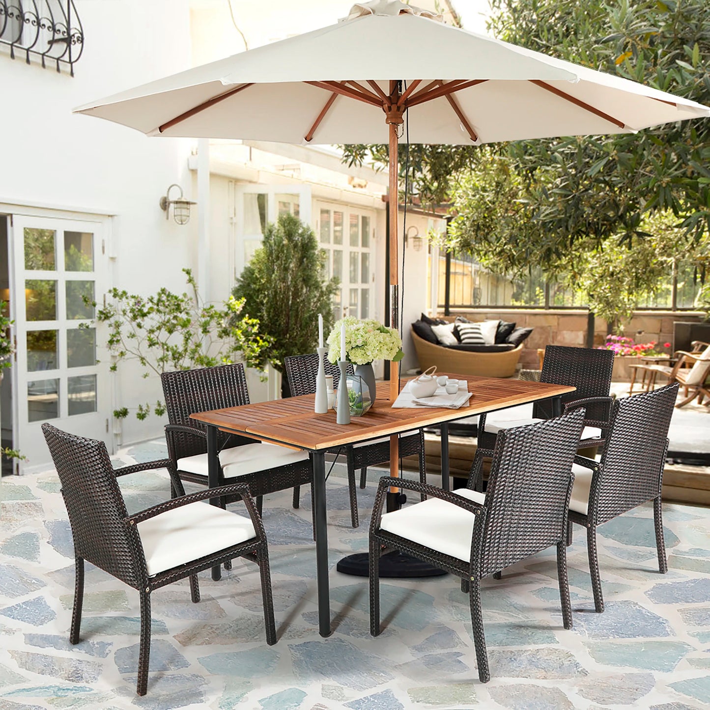 HOMASIS 7-Piece Outdoor Patio Rattan Dining Set With Wooden Table Top And Umbrella Hole