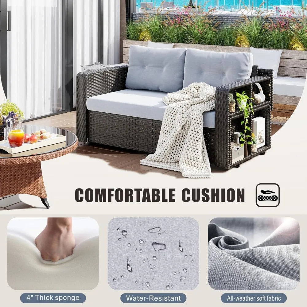 PatioArea Wicker Sofa With Foldable Table Allweather Rattan OutdoorFurnishings Set