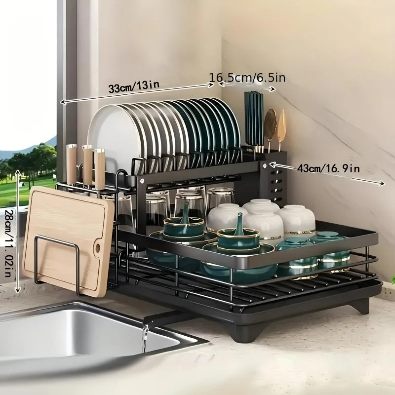 Hign-concerned Double-Tier Extendable Dish Drainer For Kitchen Counter Space-Saving