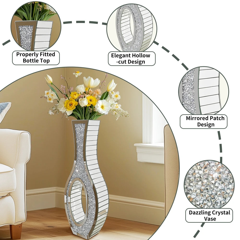 Function Luxurious Silver Mirrored Floorstanding Vase With Exquisite Diamond Accents