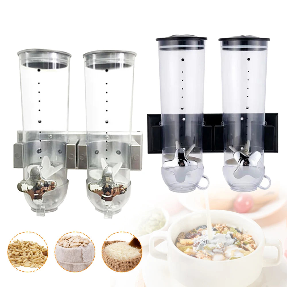 Cereal Dispenser 2Pcs Wall Mount Dry Food Container Storage For Nuts Coffee Beans Kitchen Storage Case Rice Grain Silver/Black