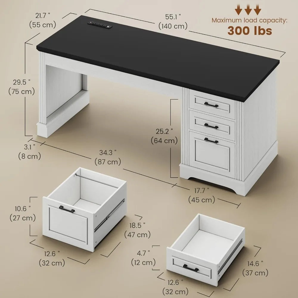 Farmhouse Executive Desk Computer Desk With Storage Drawers And Power Outlet For Home Office