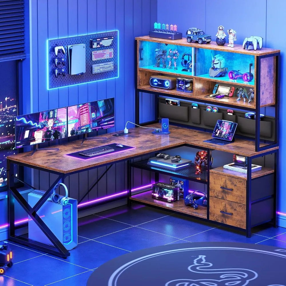 DAFIFY L Shaped Computer Desk with Drawers, Bookshelf, LED Light, Glass Cabinet for Home Office Gaming