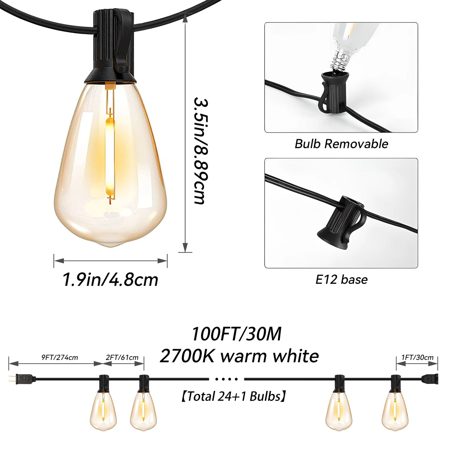 TJOY ST38 Globe LED Outdoor String Lights With 24 Edison Vintage Bulbs Waterproof And Connectable