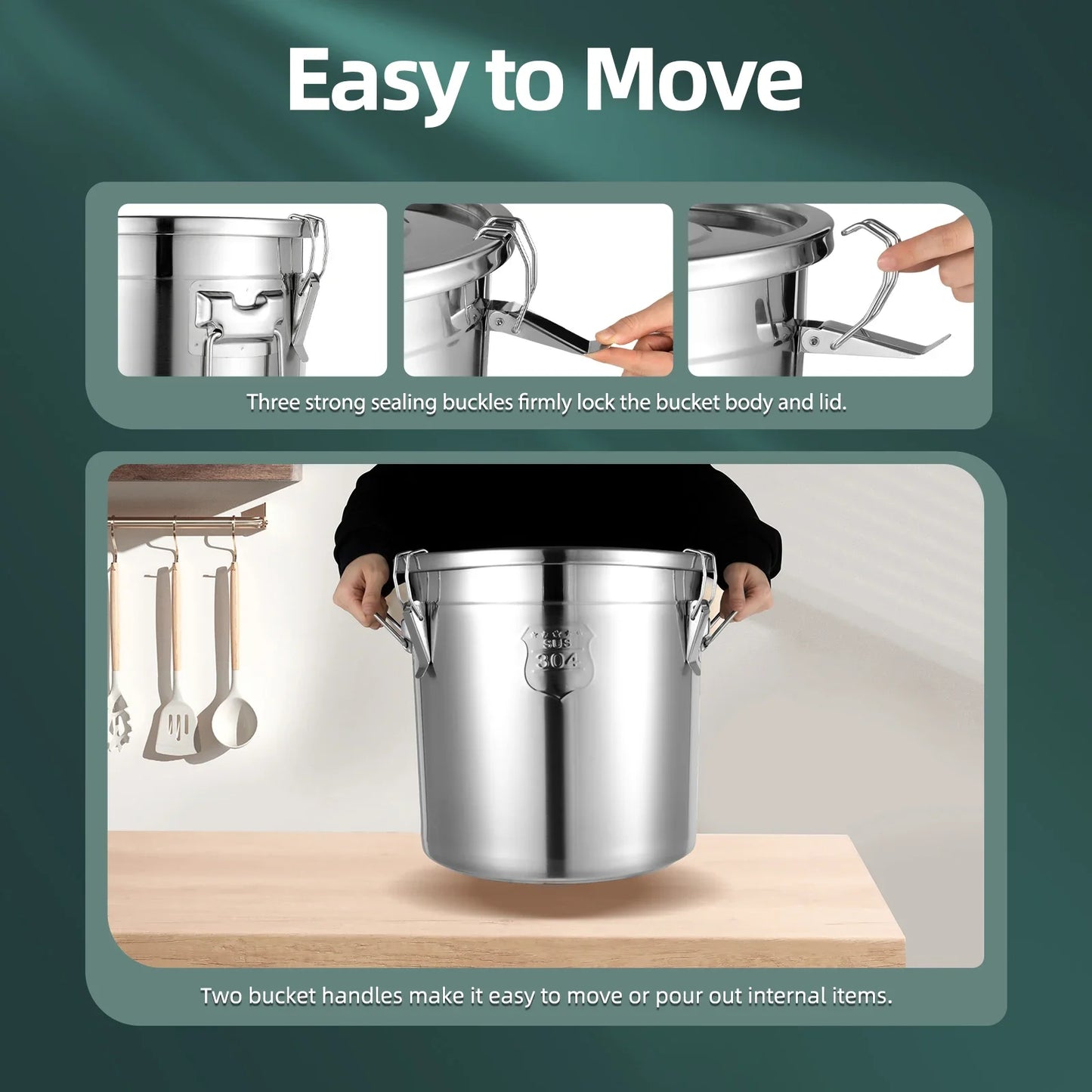 33L/22L Stainless Steel Rice Storage Container 3-Lock Sealing Rice Bin Food Grade Airtight Kitchen Bucket for Rice/Flour