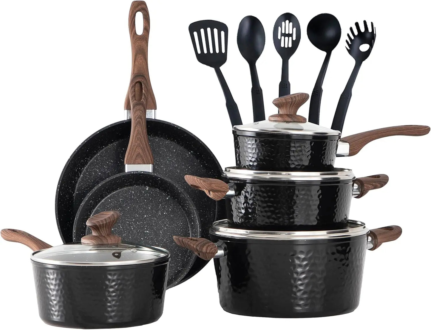 Pots and Pans Set Non Stick 15 Piece Non Toxic Hammered Ceramic Cookware Induction