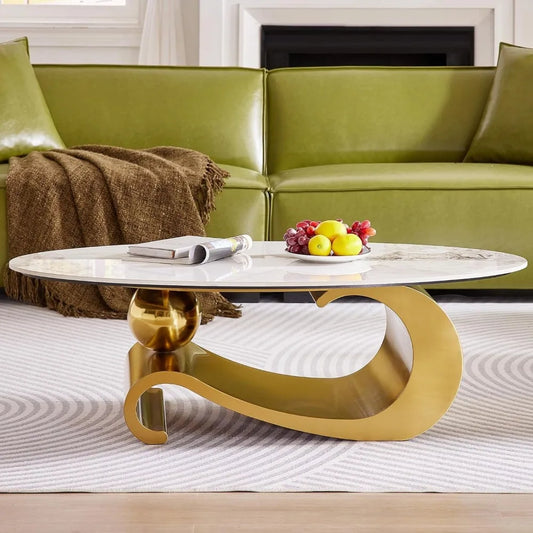 General Use Modern Oval Faux Marble Coffee Table Metal Base
