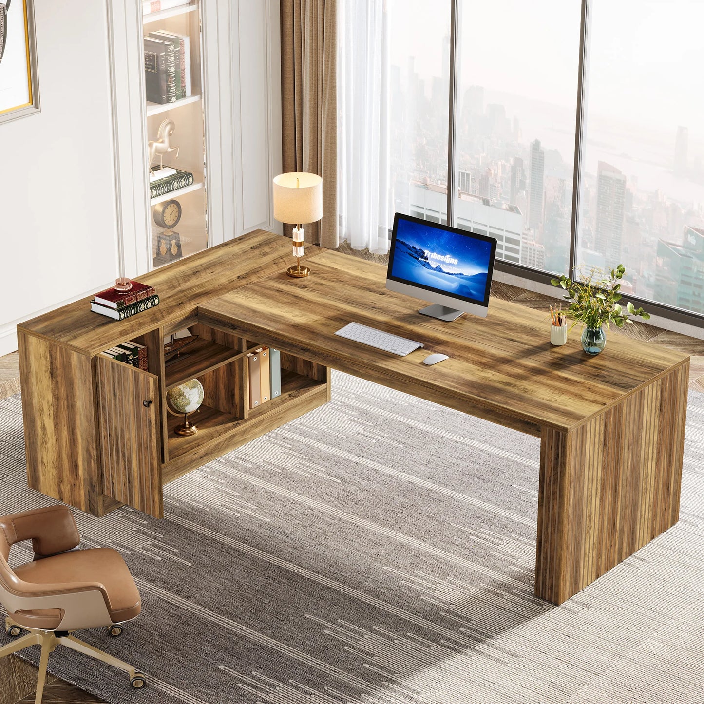 Tribesigns Large Executive L Shaped Desk With Cabinet And Ample Wooden Farmhouse Storage Shelves For Office
