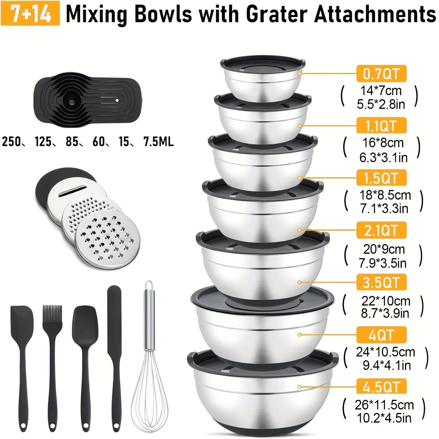 16PCS Complete Salad Tools Set 7 Stainless Steel Mixing Bowls with Lids 3 Graters 6 Spoons 5 Kitchen Accessories