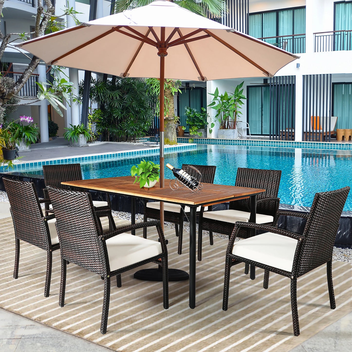 HOMASIS 7-Piece Outdoor Patio Rattan Dining Set With Wooden Table Top And Umbrella Hole