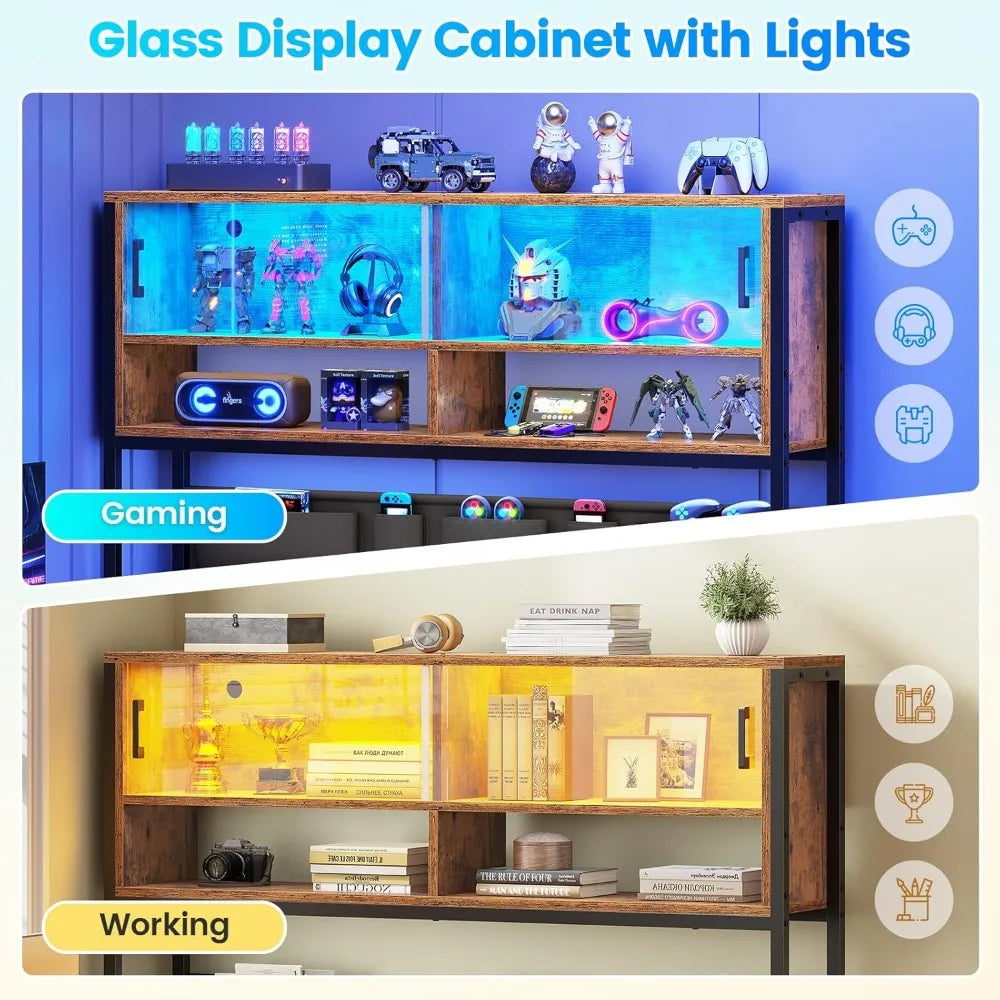 DAFIFY L Shaped Computer Desk with Drawers, Bookshelf, LED Light, Glass Cabinet for Home Office Gaming